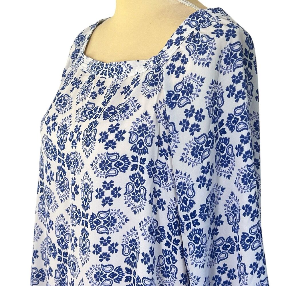 Loft Women’s Blouse Square Neck Small Blue White Floral Semi sheer - Picture 7 of 13